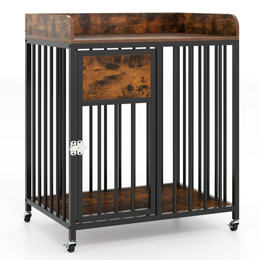 27.5 Inch Dog Crate Furniture with Wheels for Small Dogs and Puppies - Rustic Brown+Black