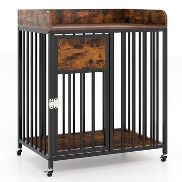27.5 Inch Dog Crate Furniture with Wheels for Small Dogs and Puppies - Rustic Brown+Black