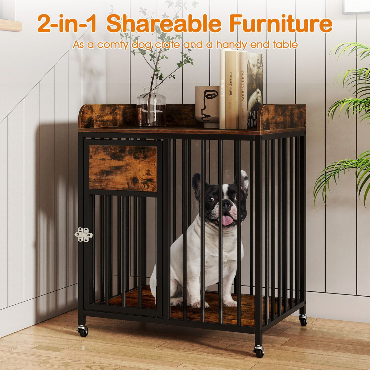 27.5 Inch Dog Crate Furniture with Wheels for Small Dogs and Puppies