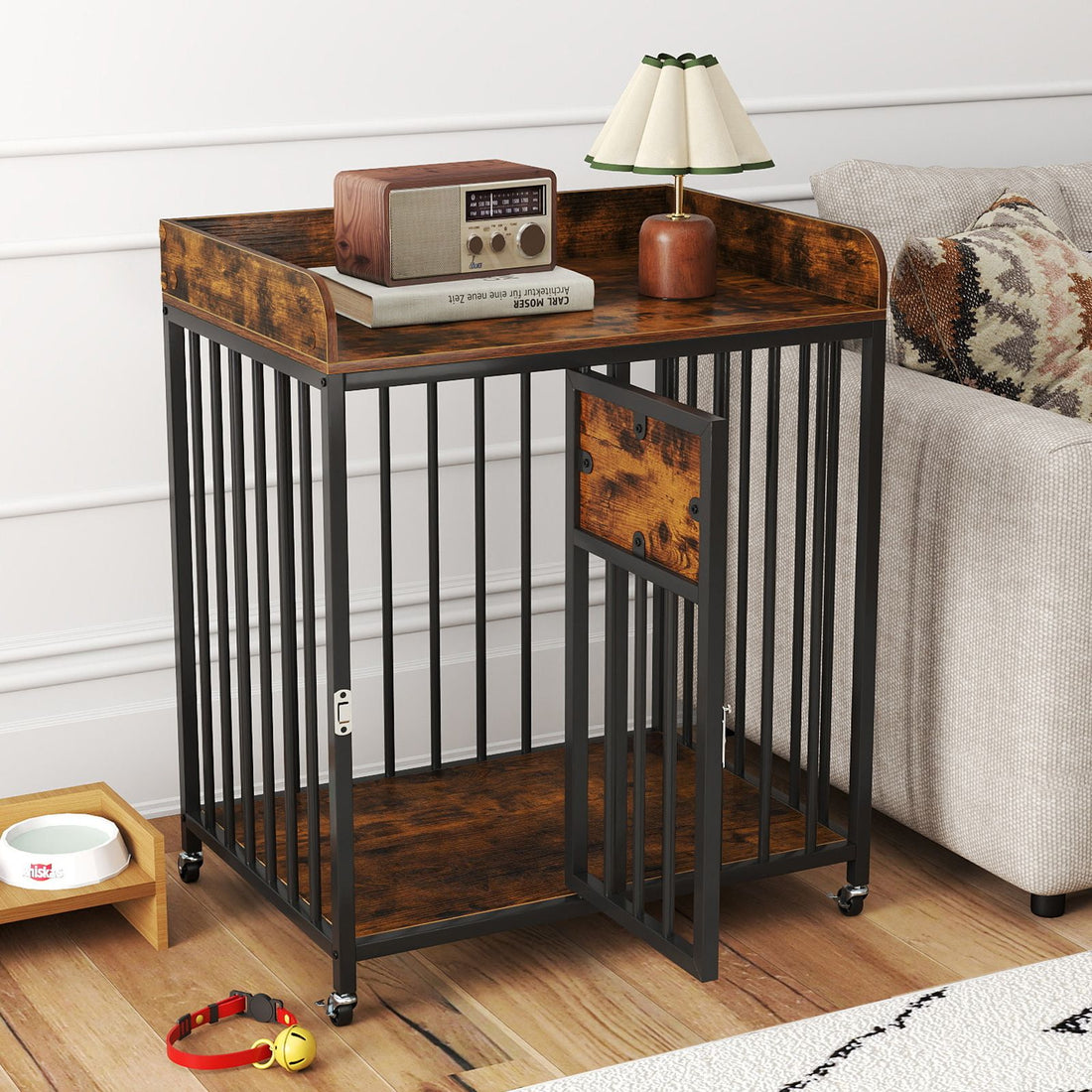 27.5 Inch Dog Crate Furniture with Wheels for Small Dogs and Puppies - Rustic Brown+Black