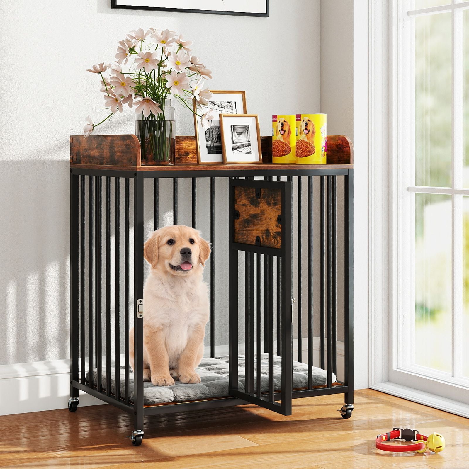 27.5 Inch Dog Crate Furniture with Wheels for Small Dogs and Puppies