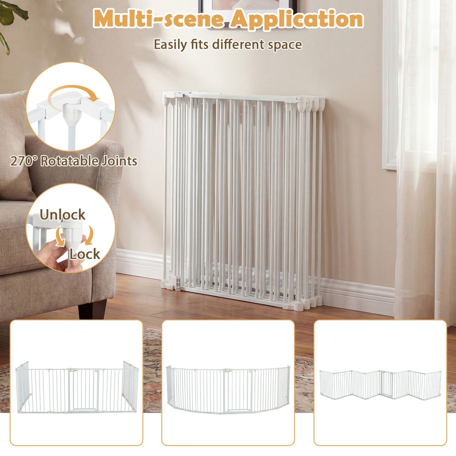 8-Panel Extra Wide Baby Gate Adjustable Pet Safety Fence with Auto-close Door