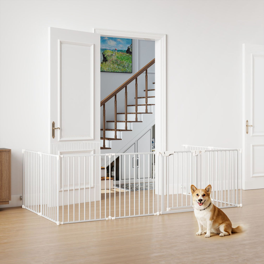 8-Panel Extra Wide Baby Gate Adjustable Pet Safety Fence with Auto-close Door - White