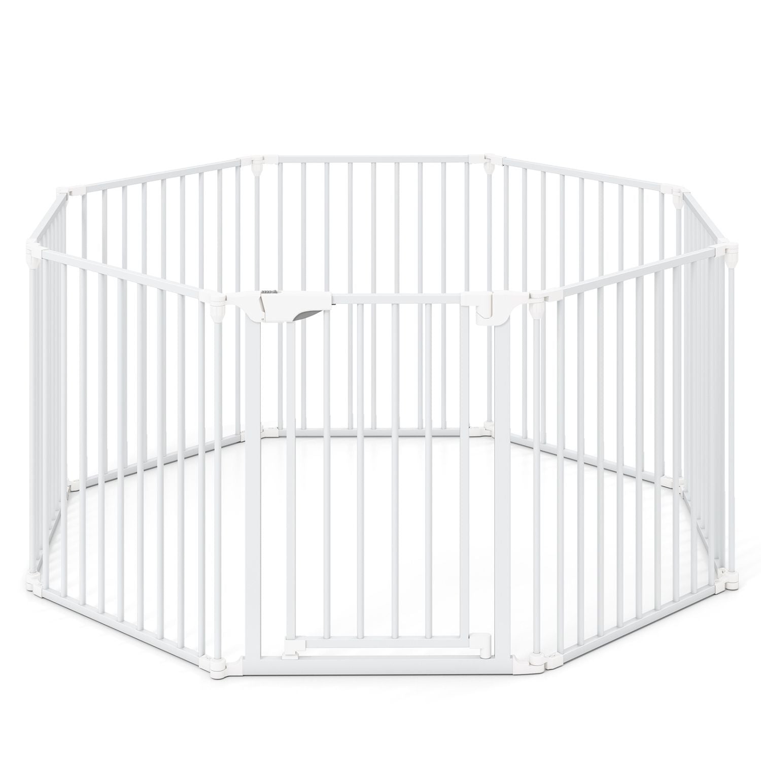8-Panel Extra Wide Baby Gate Adjustable Pet Safety Fence with Auto-close Door - White
