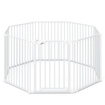8-Panel Extra Wide Baby Gate Adjustable Pet Safety Fence with Auto-close Door - White