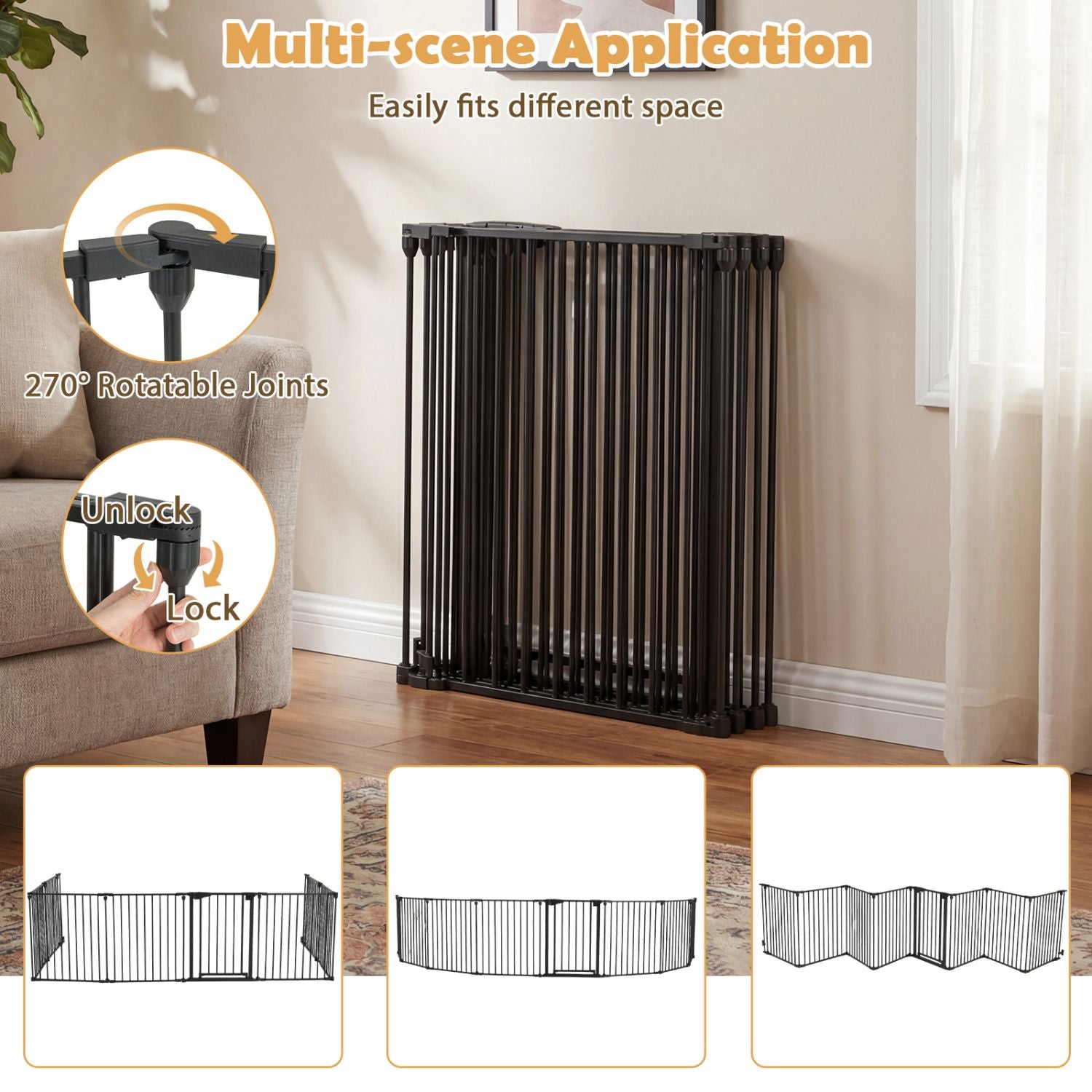 8-Panel Extra Wide Baby Gate Adjustable Pet Safety Fence with Auto-close Door