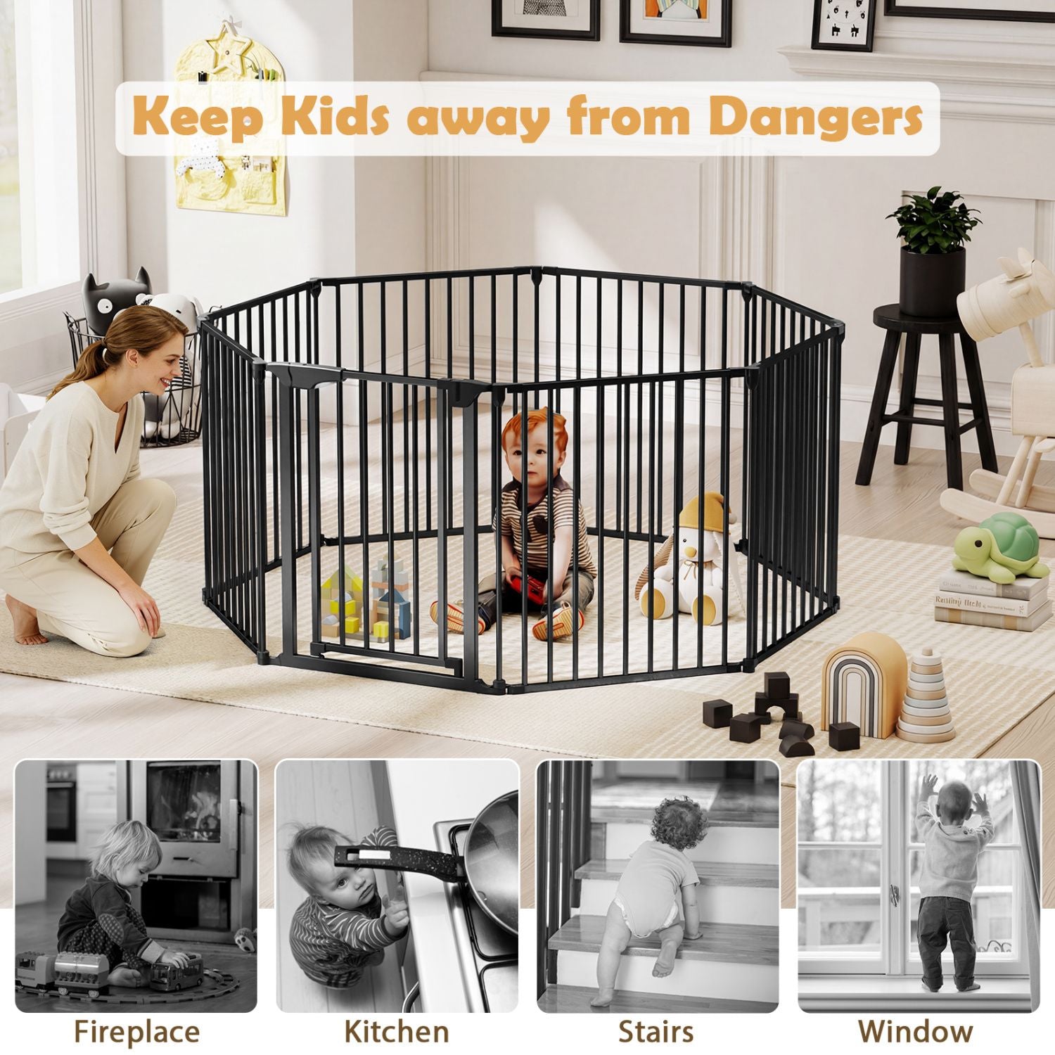 8-Panel Extra Wide Baby Gate Adjustable Pet Safety Fence with Auto-close Door