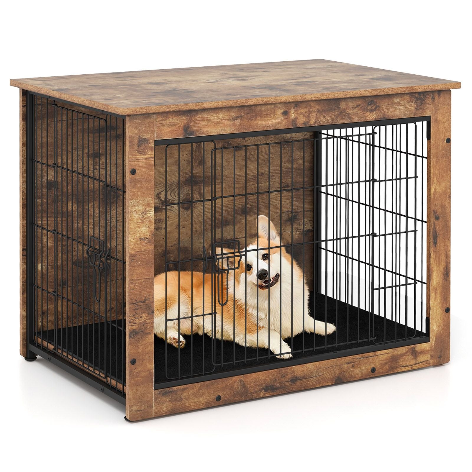 Dog Crate Furniture with Cushion and Double Doors for Small/Medium Dogs - Rustic Brown+Black