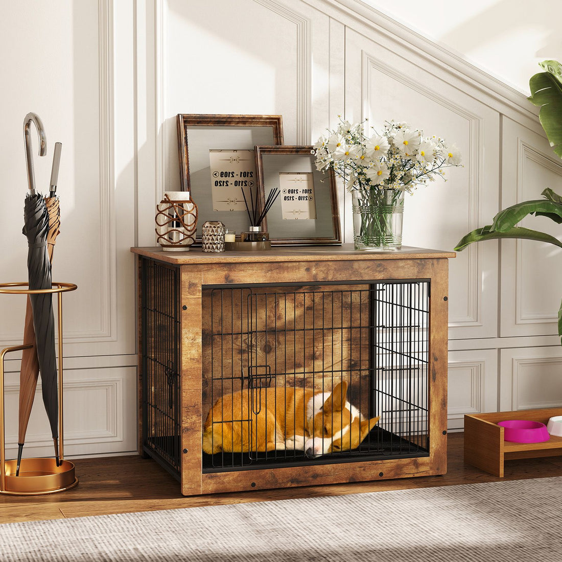 Dog Crate Furniture with Cushion and Double Doors for Small/Medium Dogs - Rustic Brown+Black