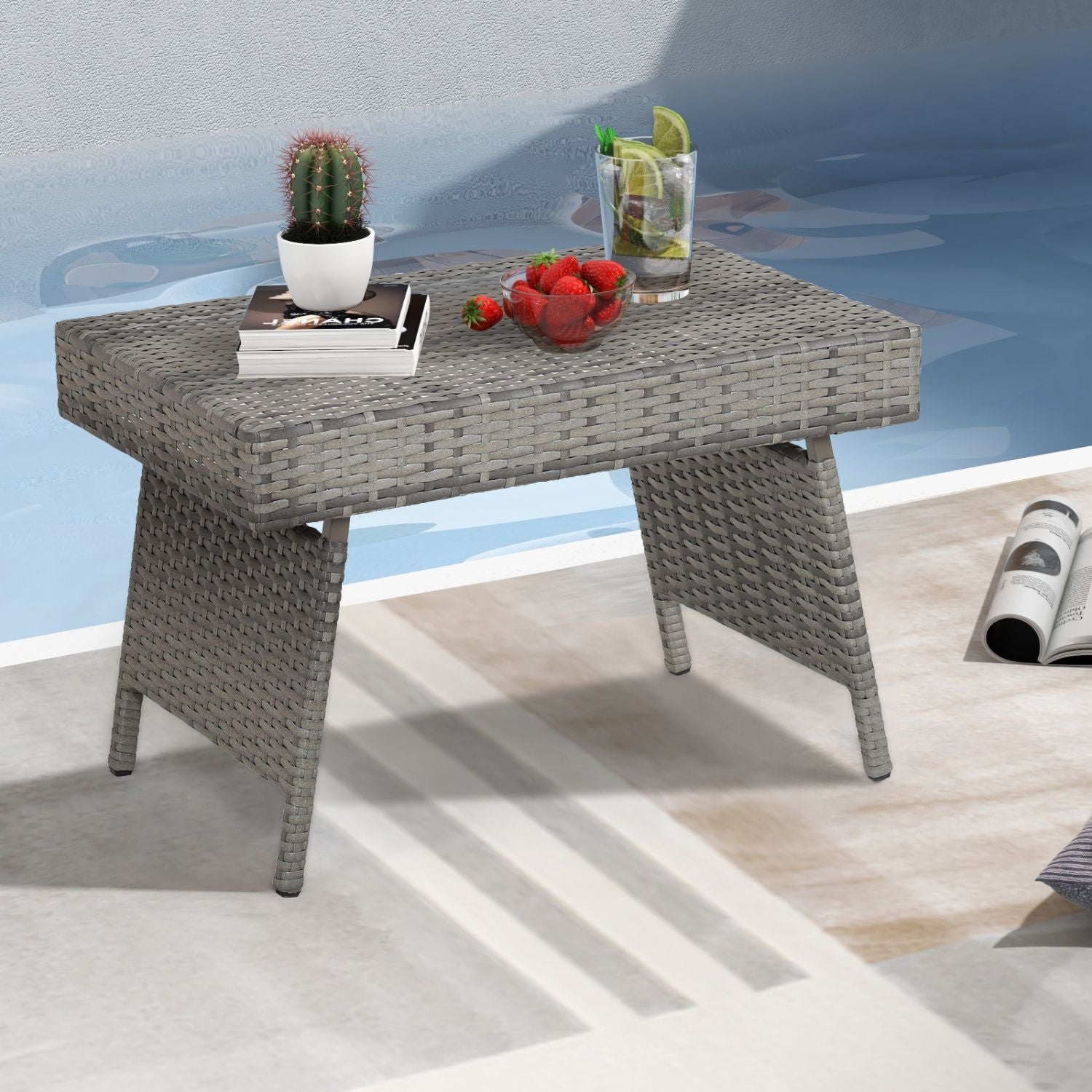 Folding Patio PE Rattan Side Coffee Table Garden Furniture