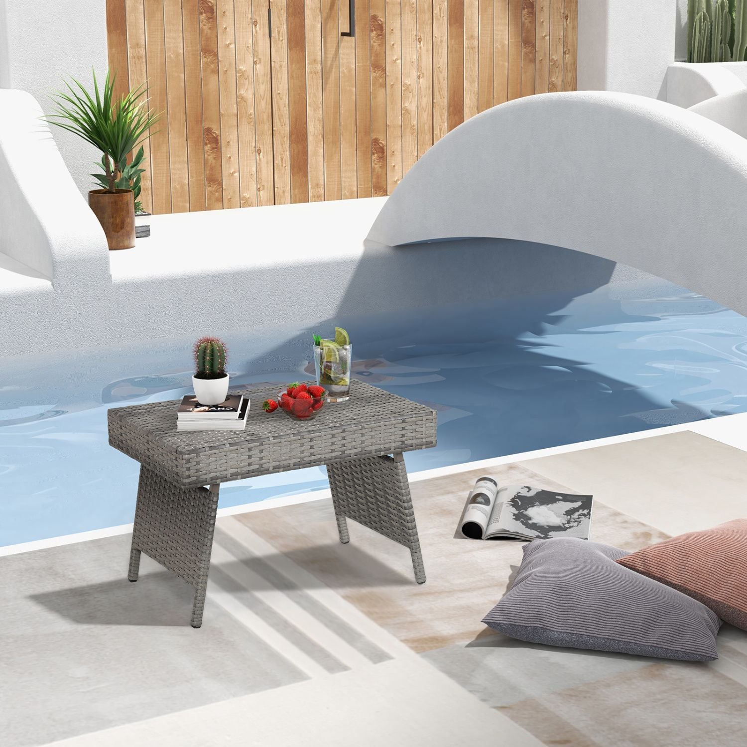 Folding Patio PE Rattan Side Coffee Table Garden Furniture