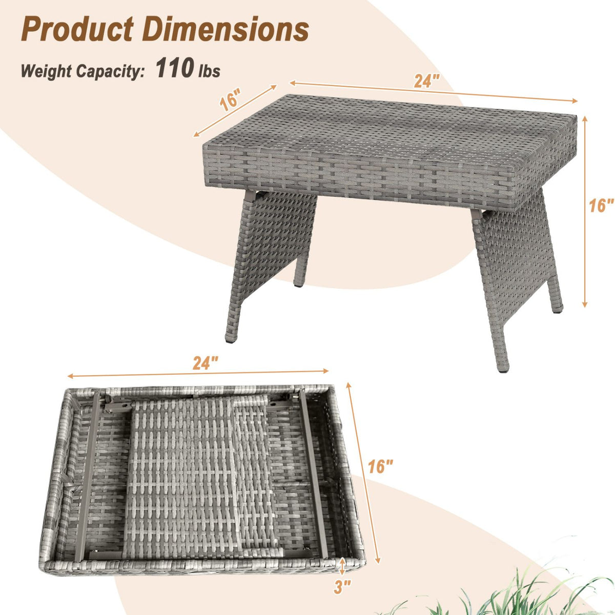 Folding Patio PE Rattan Side Coffee Table Garden Furniture