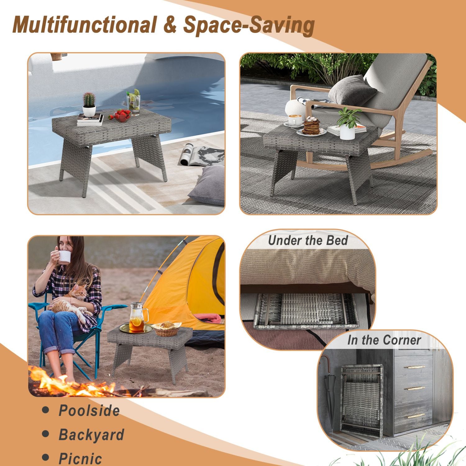 Folding Patio PE Rattan Side Coffee Table Garden Furniture
