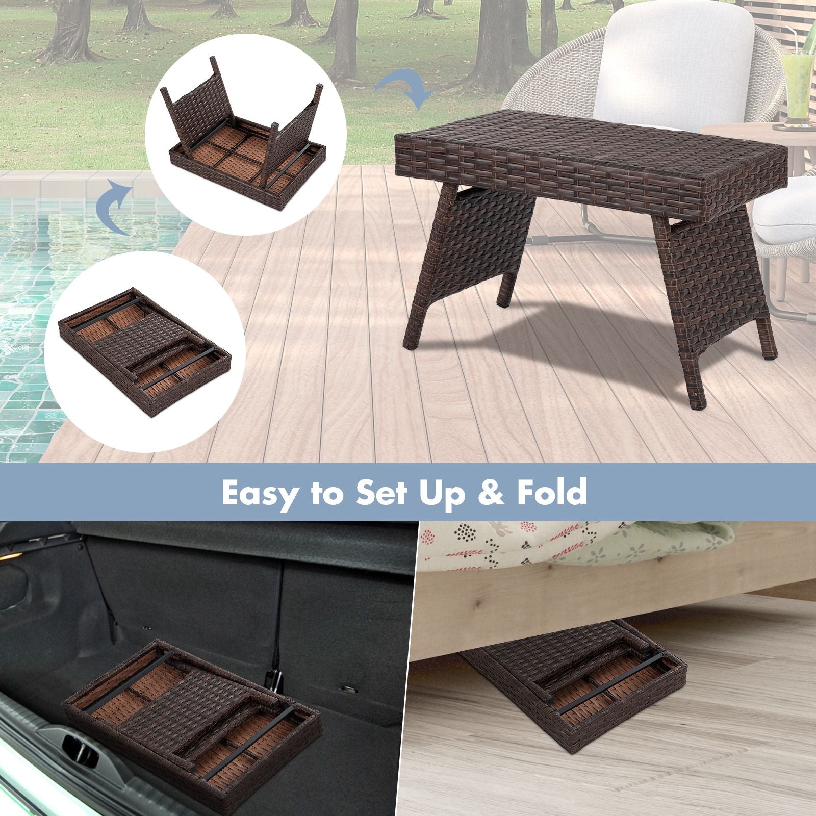 Folding Patio PE Rattan Side Coffee Table Garden Furniture