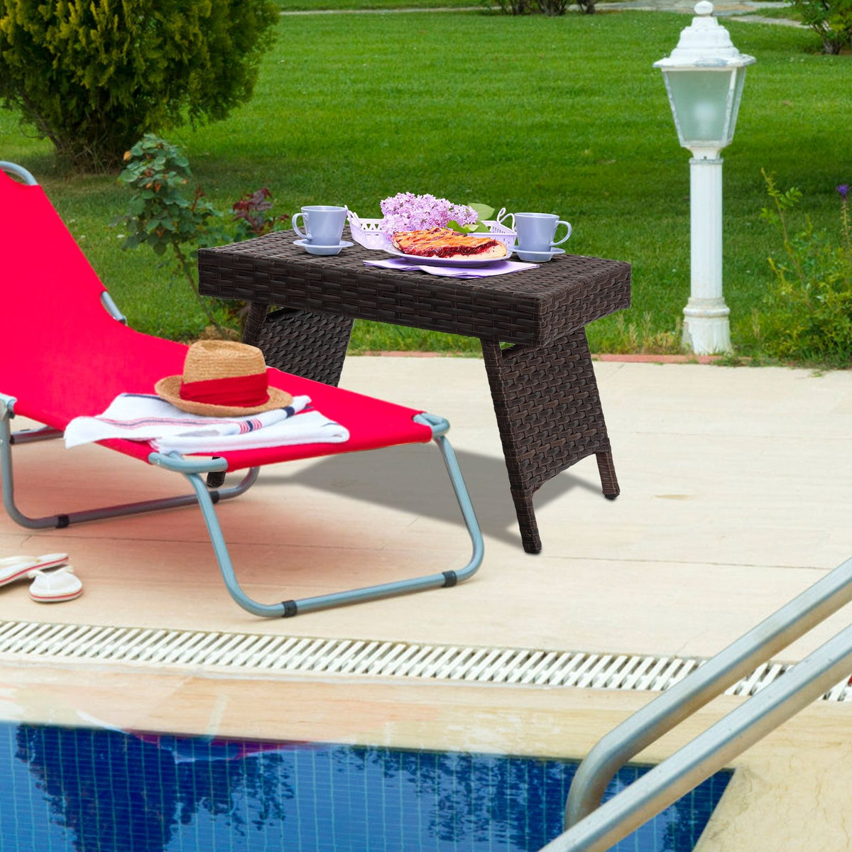 Folding Patio PE Rattan Side Coffee Table Garden Furniture