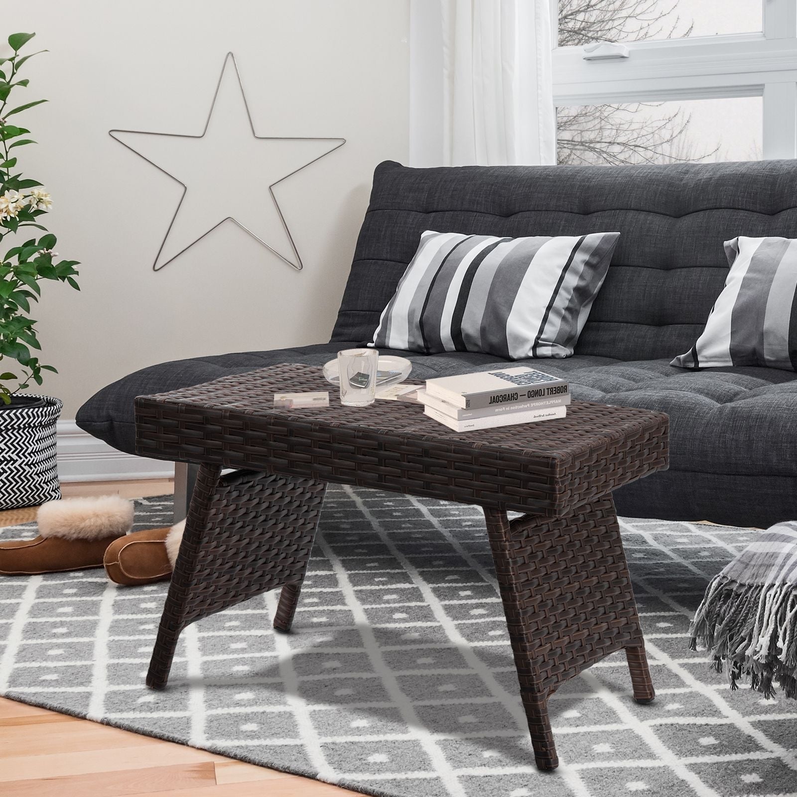 Folding Patio PE Rattan Side Coffee Table Garden Furniture