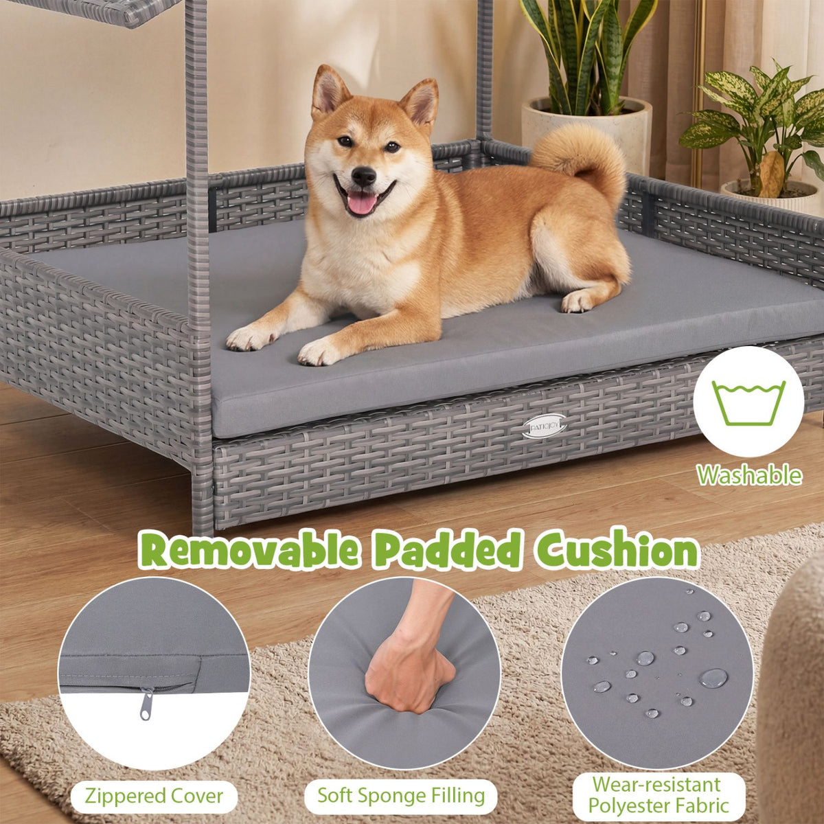 Wicker Dog House Elevated PE Rattan Dog Bed with Canopy