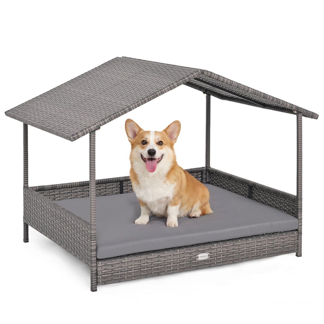 Wicker Dog House Elevated PE Rattan Dog Bed with Canopy - Gray