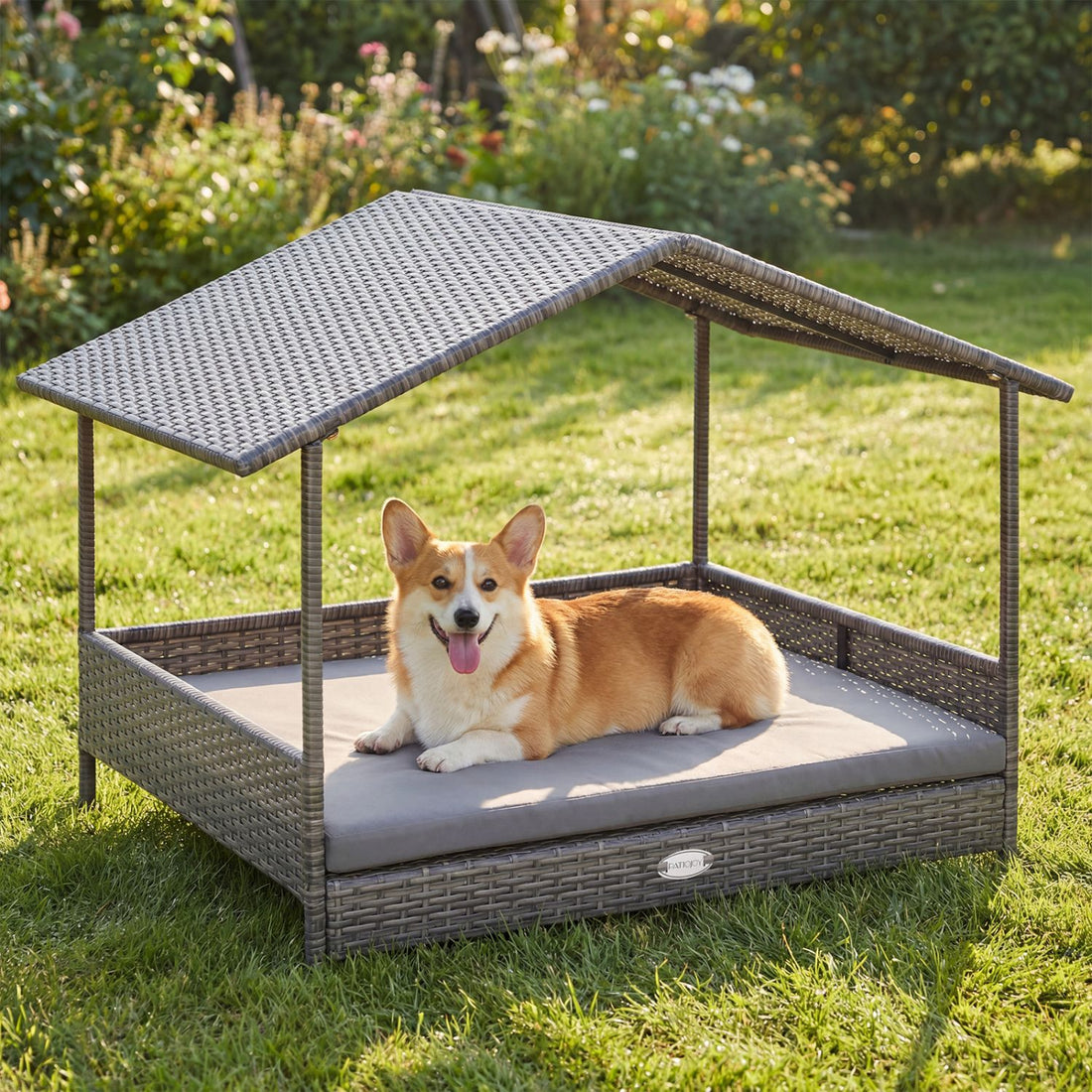 Wicker Dog House Elevated PE Rattan Dog Bed with Canopy - Gray