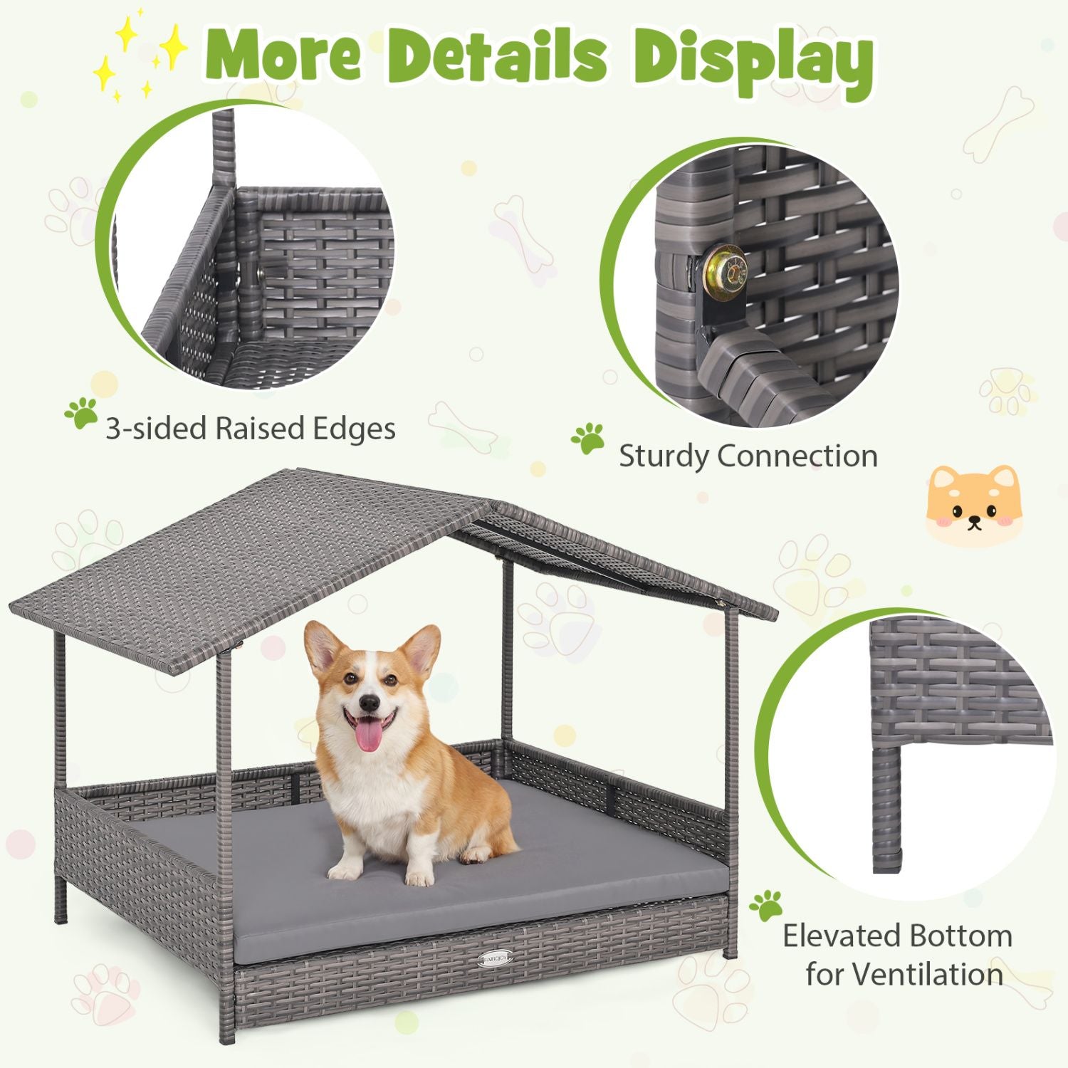 Wicker Dog House Elevated PE Rattan Dog Bed with Canopy