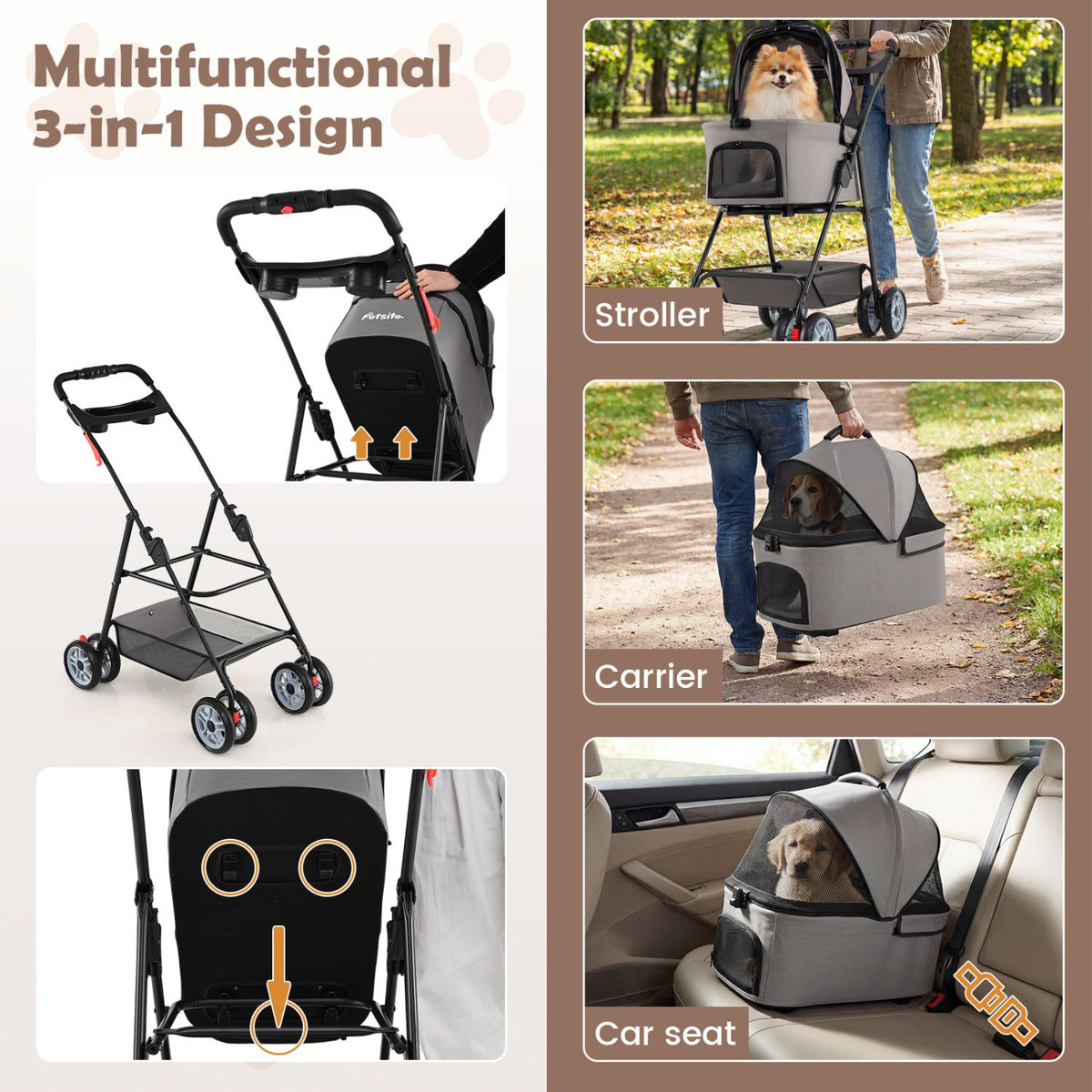 3 in 1 Pet Stroller with Removable Carrier up to 33 lbs