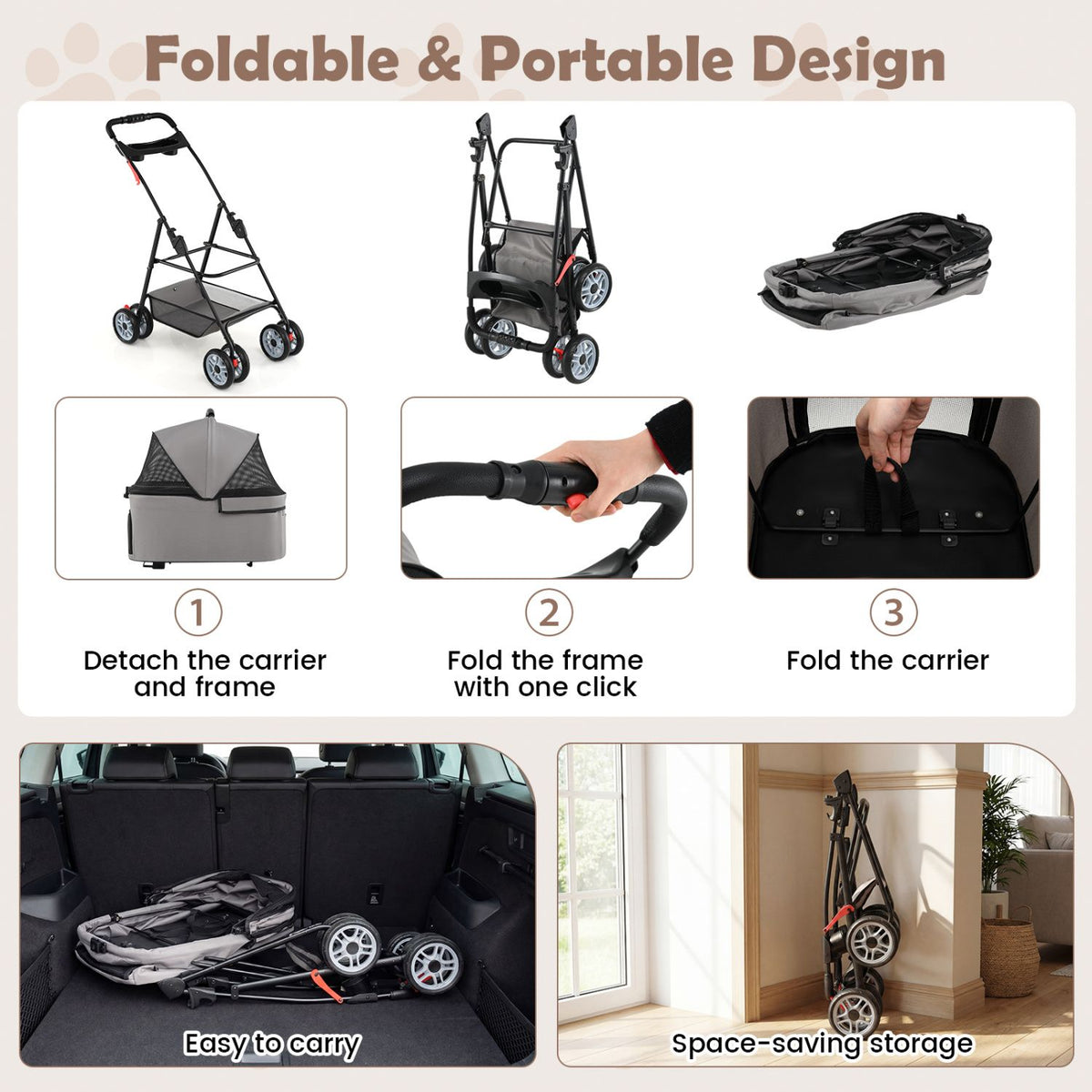 3 in 1 Pet Stroller with Removable Carrier up to 33 lbs