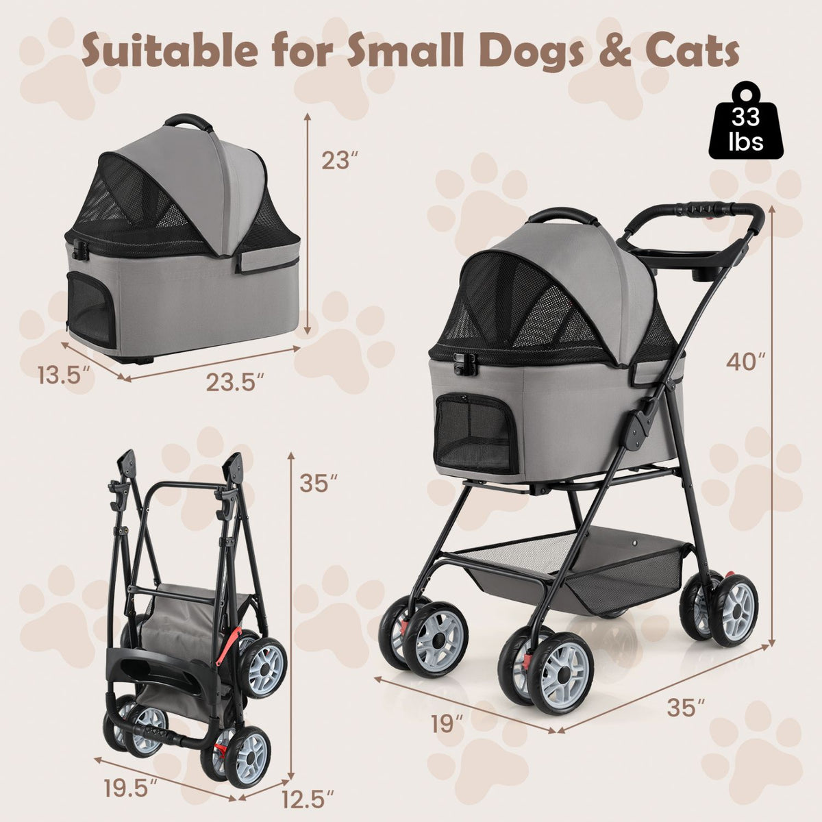 3 in 1 Pet Stroller with Removable Carrier up to 33 lbs