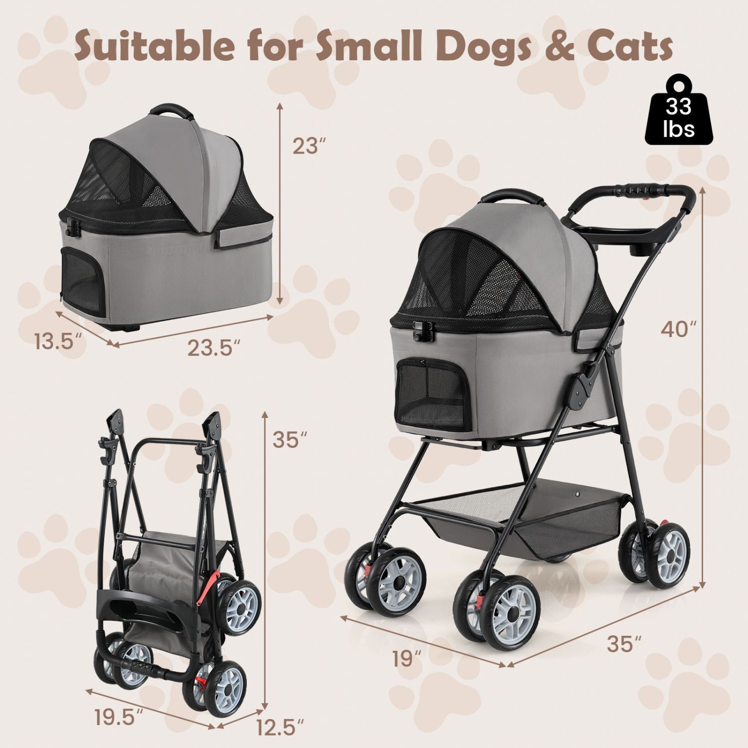 3 in 1 Pet Stroller with Removable Carrier up to 33 lbs