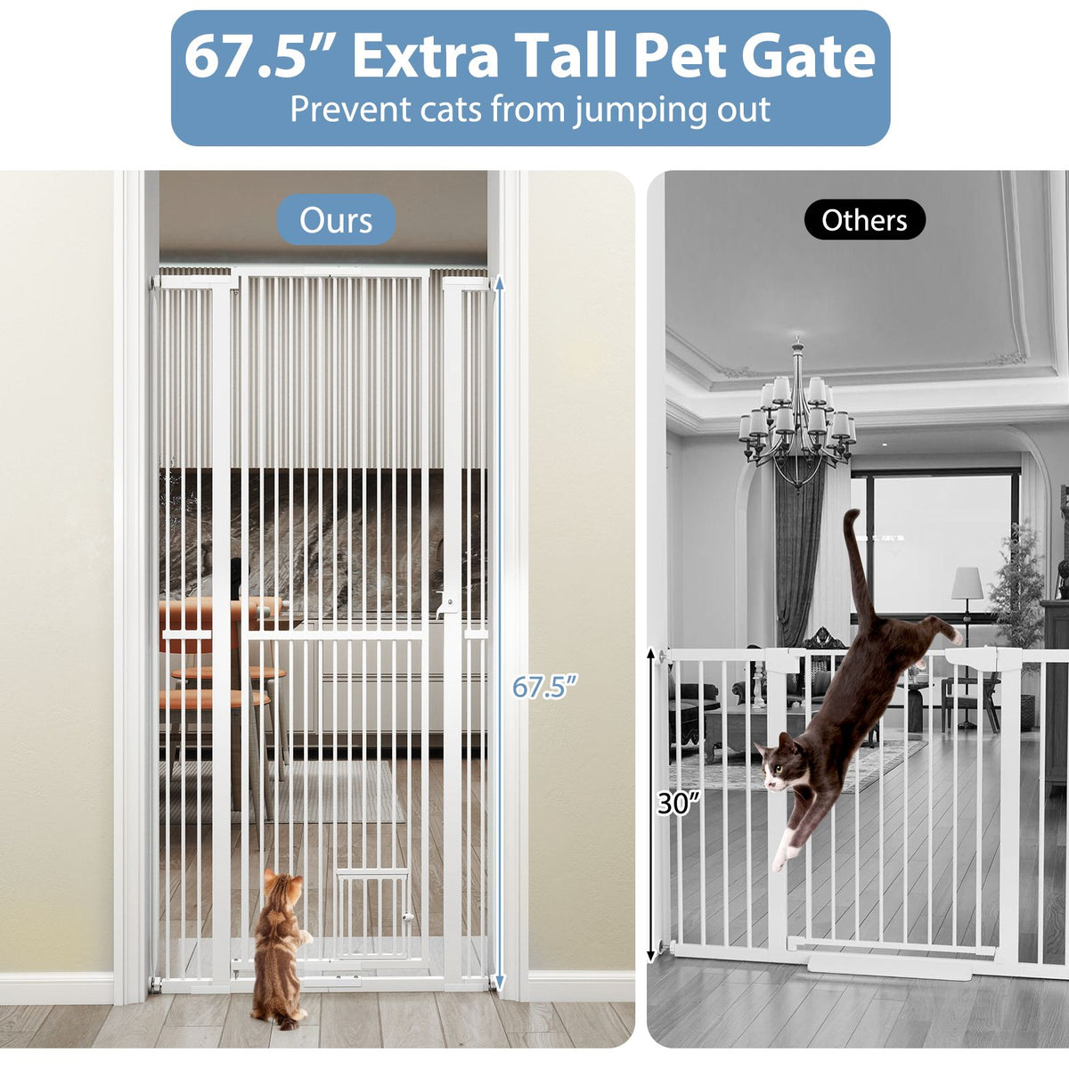 67.5" Extra Tall Pet Gate Heavy-Duty Metal Cat Gate with 30.5"-41" Wide Opening