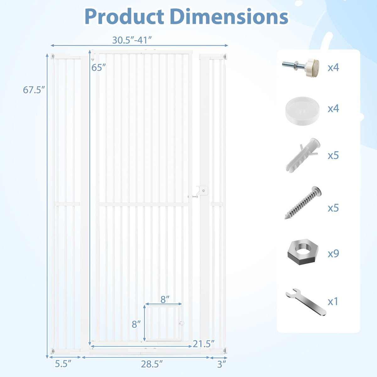 67.5" Extra Tall Pet Gate Heavy-Duty Metal Cat Gate with 30.5"-41" Wide Opening