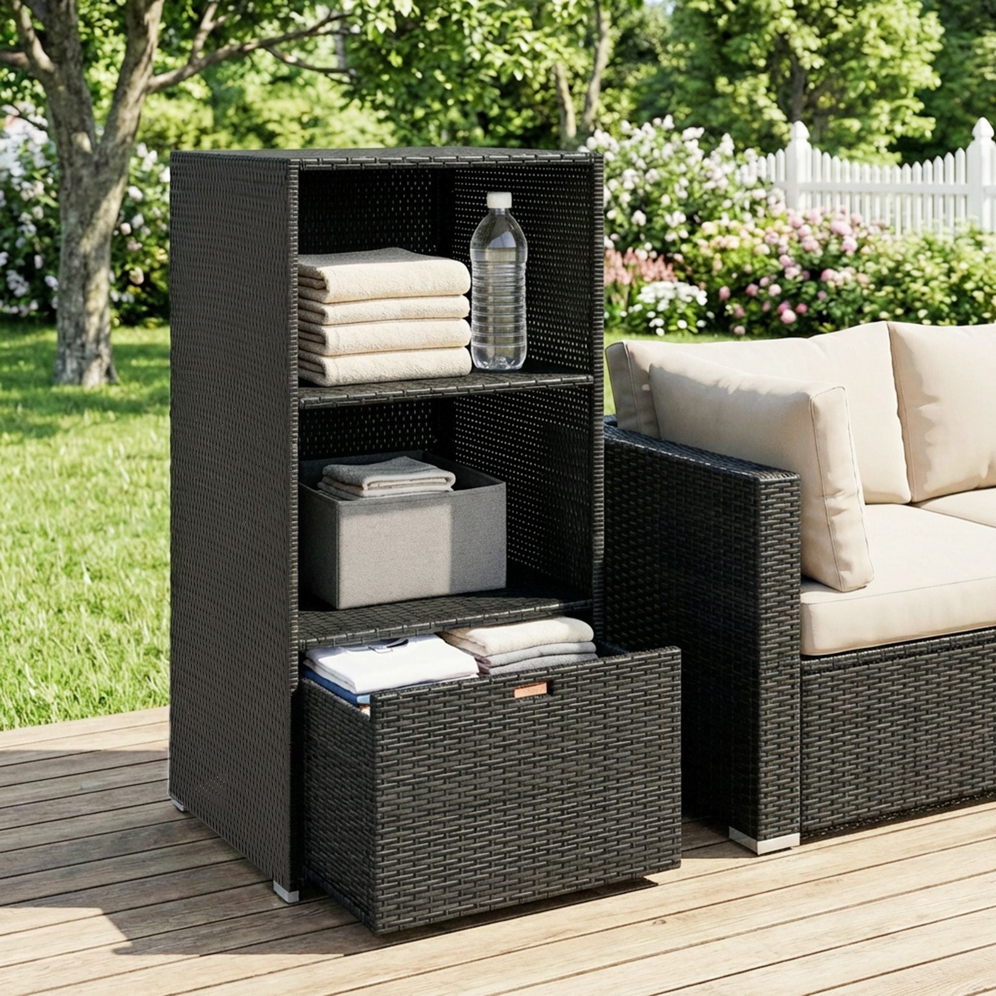 Outsunny Poolside Towel Rack with Shelves and Basket, Dark Brown