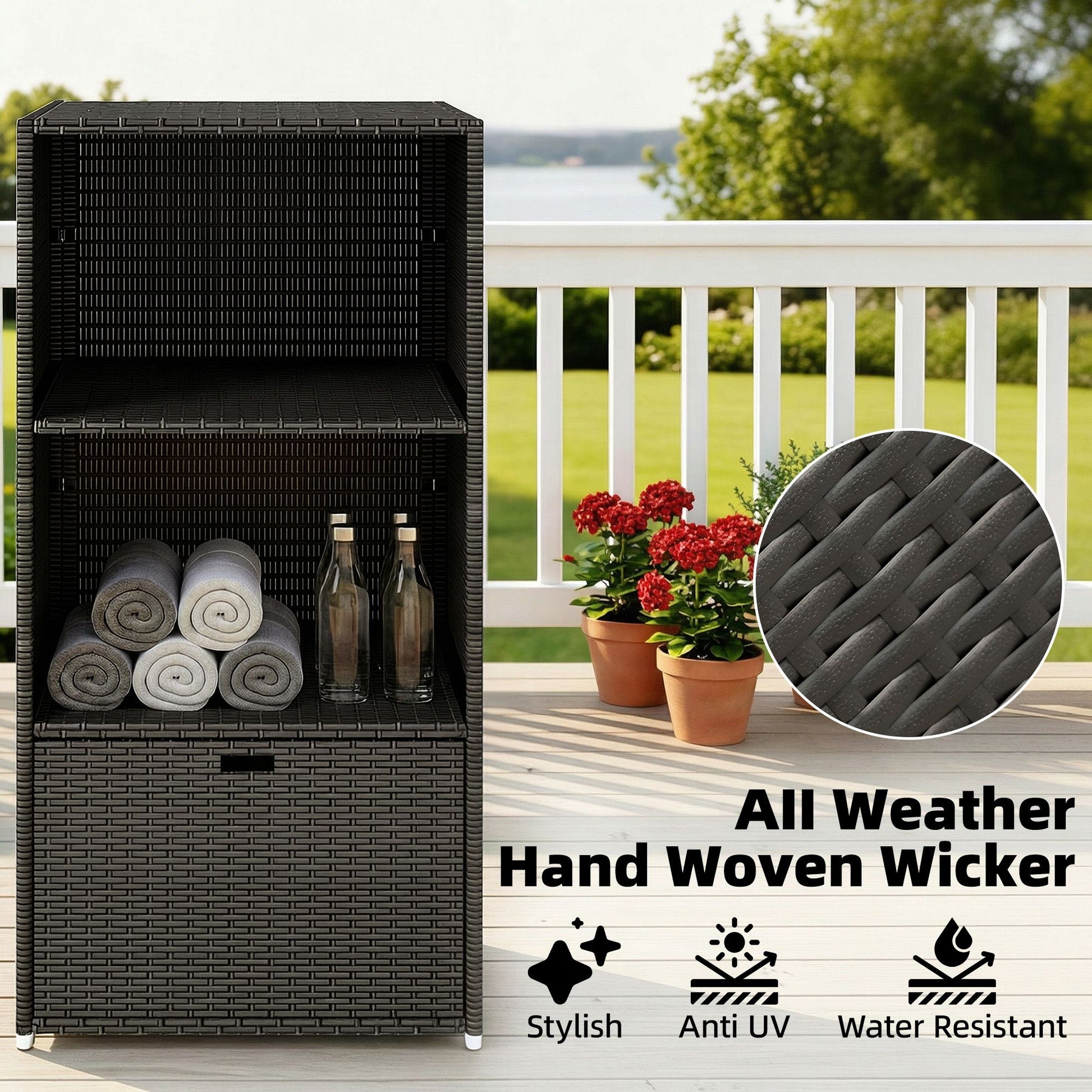 Outsunny Poolside Towel Rack with Shelves and Basket, Dark Brown