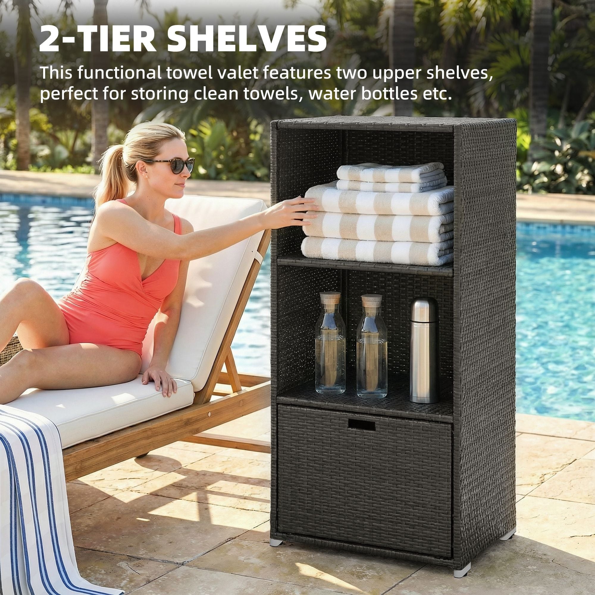Outsunny Poolside Towel Rack with Shelves and Basket, Dark Brown