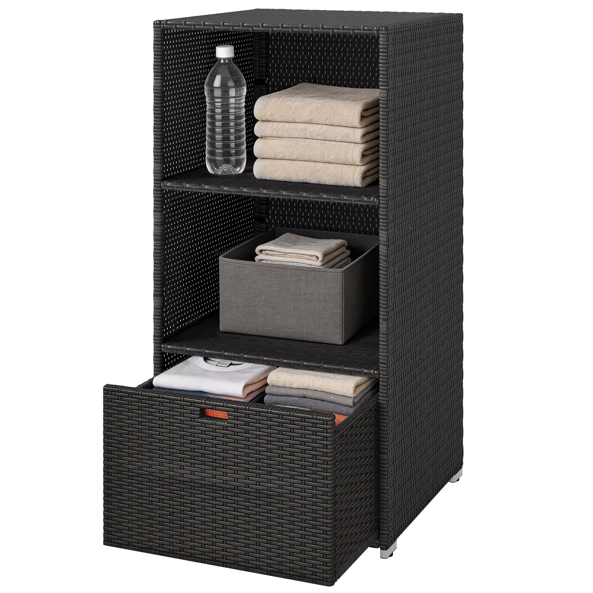 Outsunny Poolside Towel Rack with Shelves and Basket, Dark Brown
