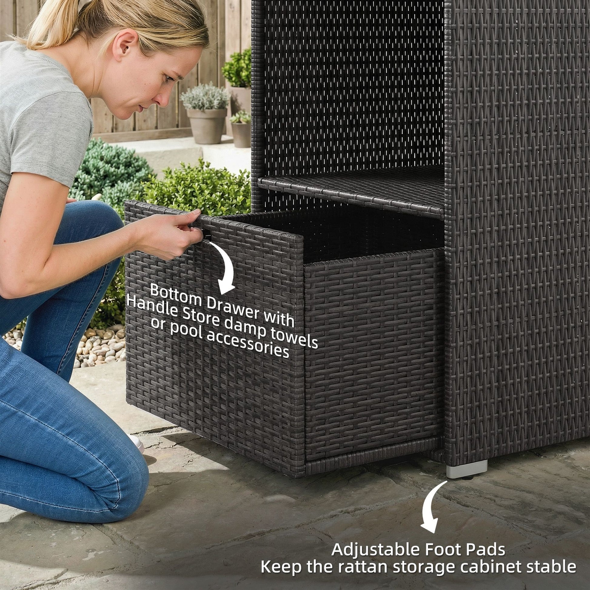 Outsunny Poolside Towel Rack with Shelves and Basket, Dark Brown