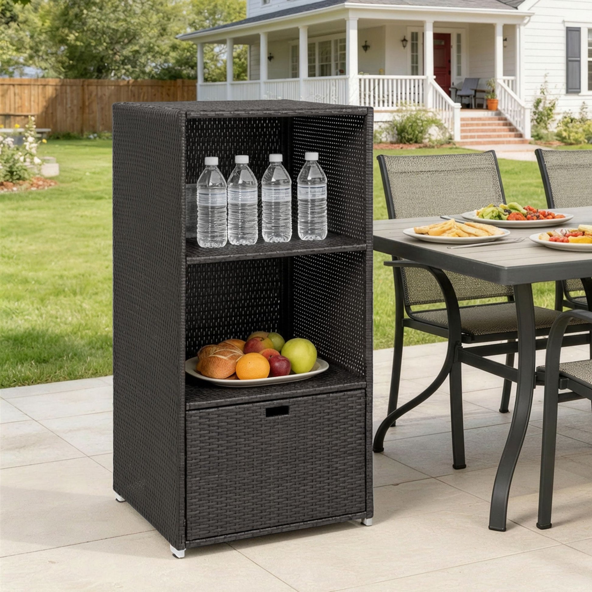 Outsunny Poolside Towel Rack with Shelves and Basket, Dark Brown