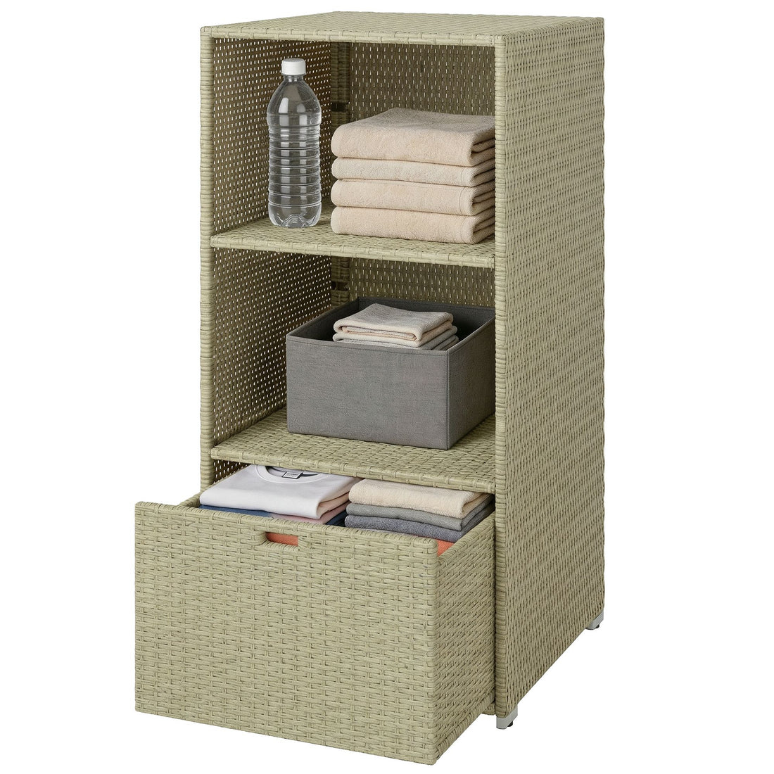 Outsunny Pool Towel Rack with 2 Shelves and Basket Drawer, Gray