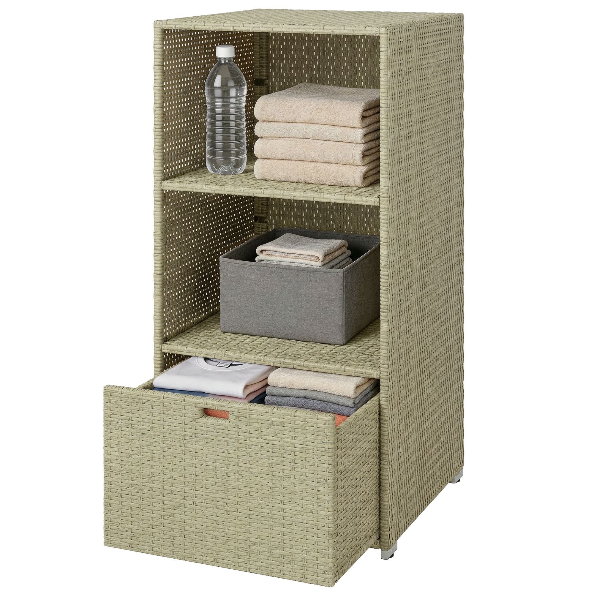 Outsunny Pool Towel Rack with 2 Shelves and Basket Drawer, Gray
