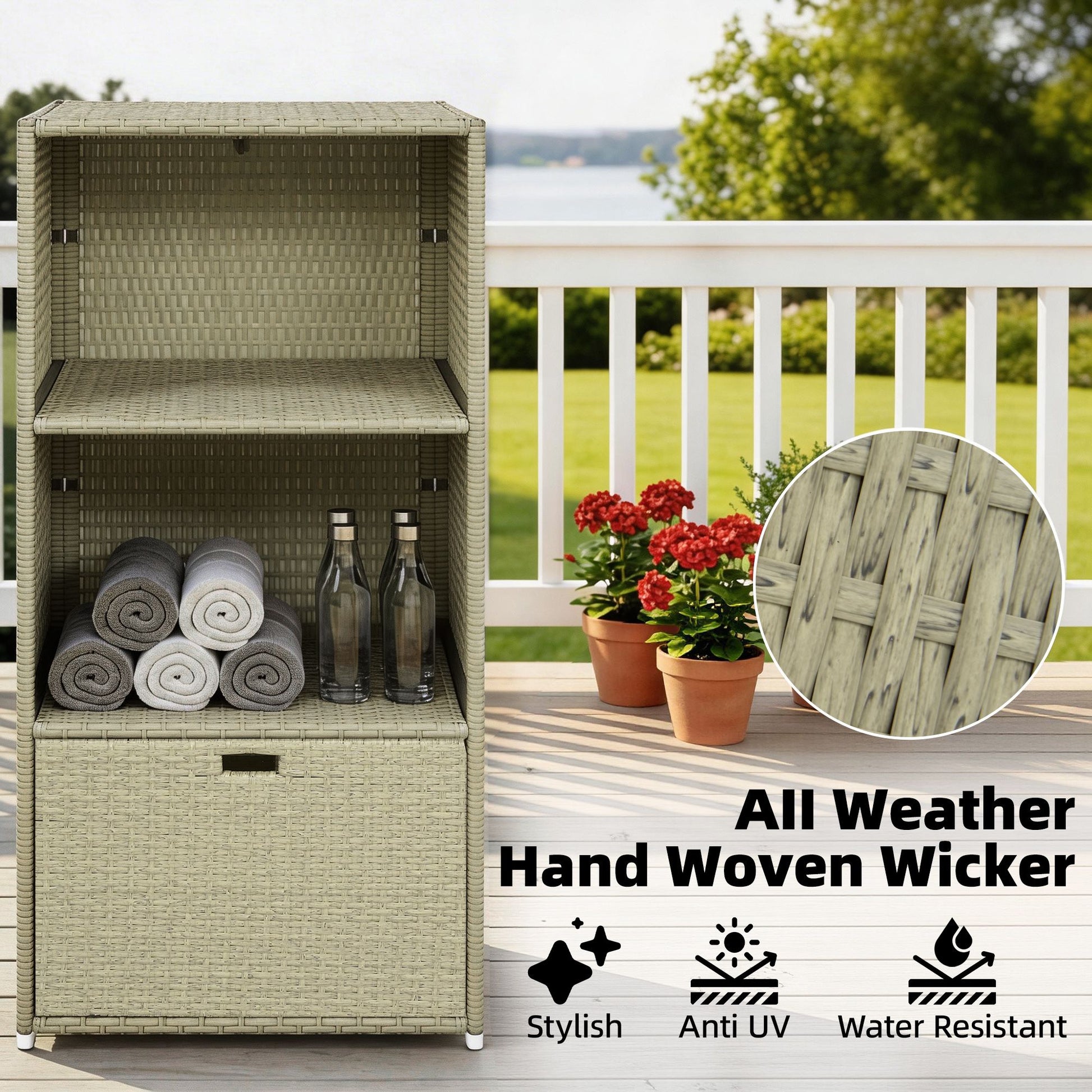 Outsunny Pool Towel Rack with 2 Shelves and Basket Drawer, Gray