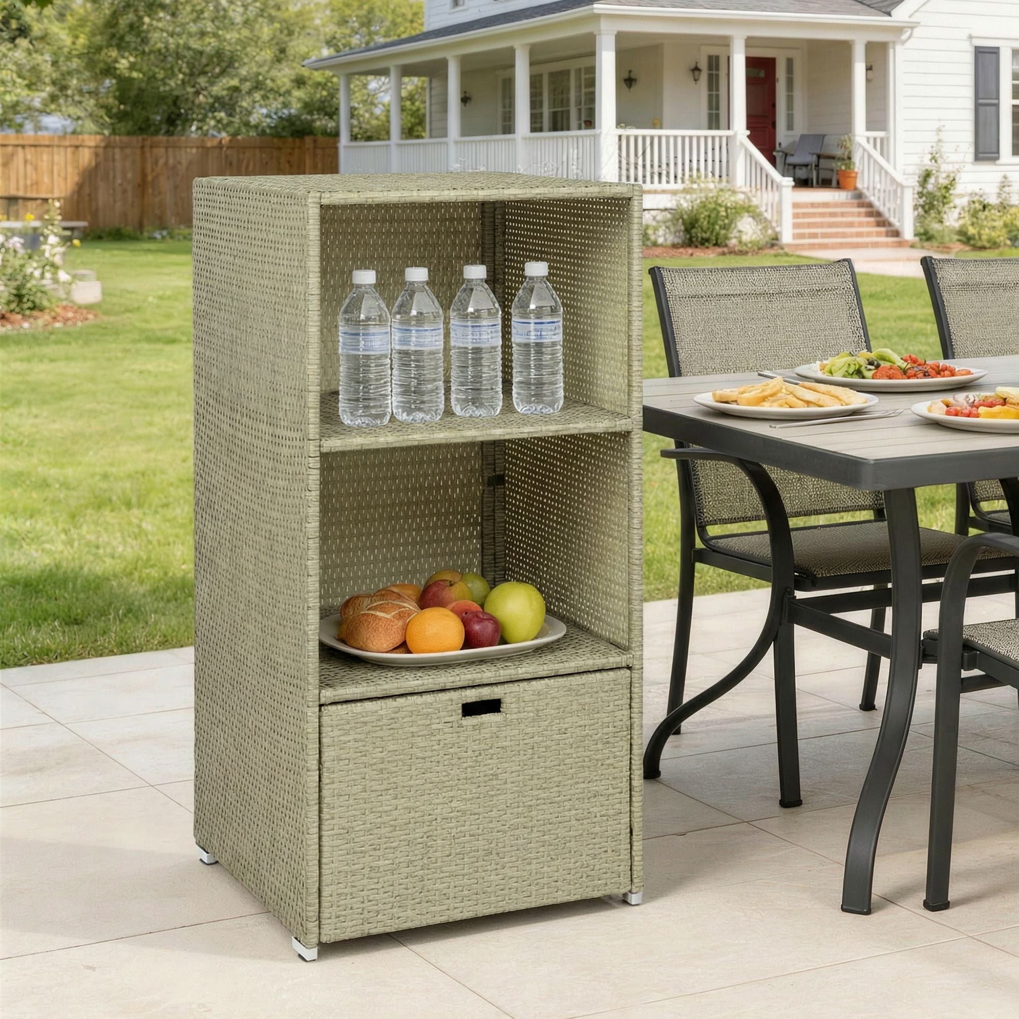 Outsunny Pool Towel Rack with 2 Shelves and Basket Drawer, Gray