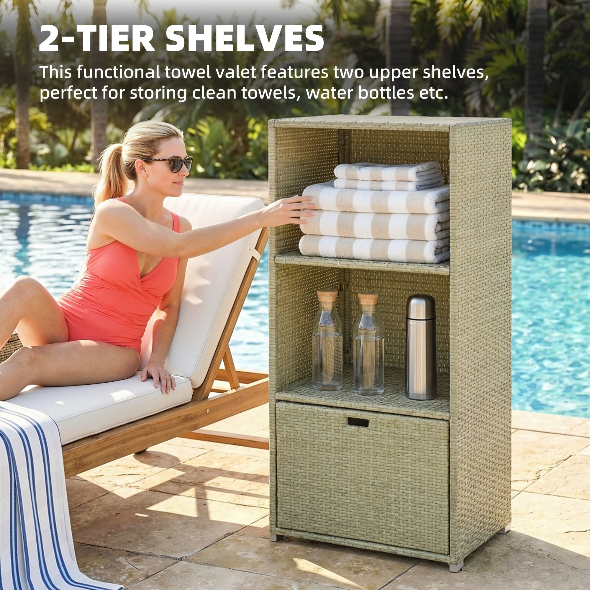 Outsunny Pool Towel Rack with 2 Shelves and Basket Drawer, Gray