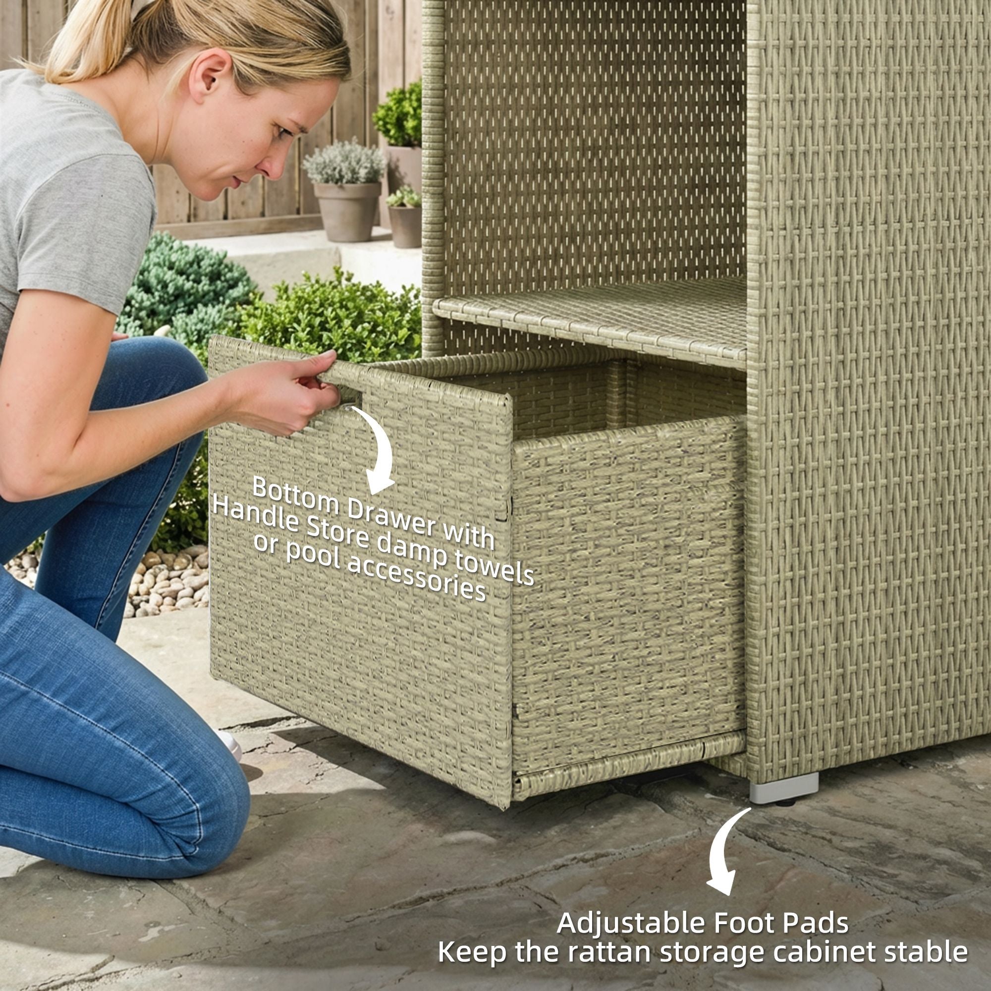 Outsunny Pool Towel Rack with 2 Shelves and Basket Drawer, Gray