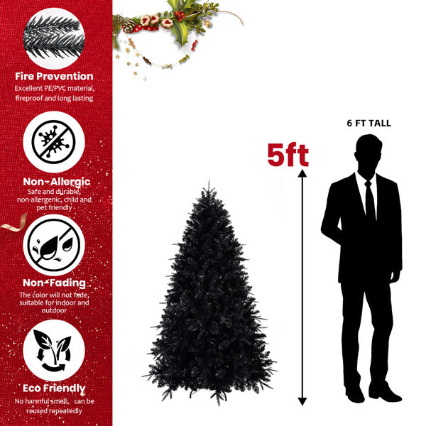 5ft Black Christmas Tree with 250 White LED Lights, 1076 Tips PE+PVC Artificial Tree for Halloween & Holiday Decor, Hinged Structure with Stable - product view 7