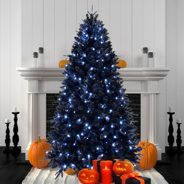 5ft Black Christmas Tree with 250 White LED Lights, 1076 Tips PE+PVC Artificial Tree for Halloween & Holiday Decor, Hinged Structure with Stable