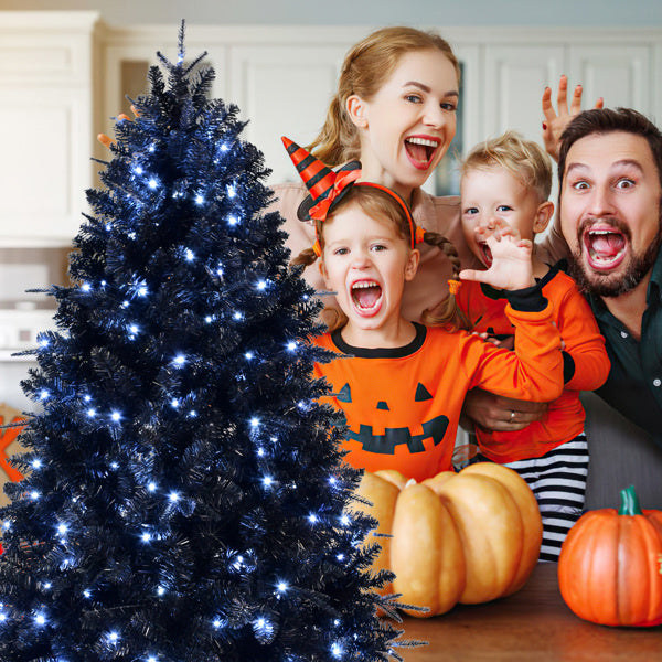 5ft Black Christmas Tree with 250 White LED Lights, 1076 Tips PE+PVC Artificial Tree for Halloween & Holiday Decor, Hinged Structure with Stable - product view 3