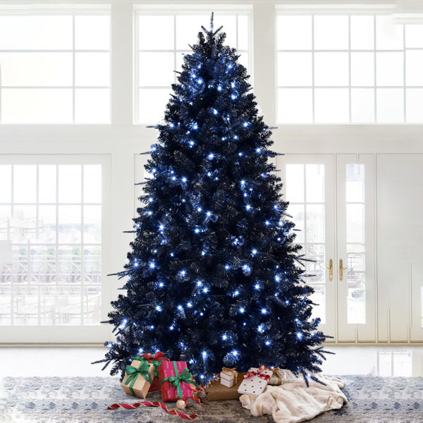 5ft Black Christmas Tree with 250 White LED Lights, 1076 Tips PE+PVC Artificial Tree for Halloween & Holiday Decor, Hinged Structure with Stable - product view 2