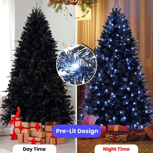 5ft Black Christmas Tree with 250 White LED Lights, 1076 Tips PE+PVC Artificial Tree for Halloween & Holiday Decor, Hinged Structure with Stable - product view 5