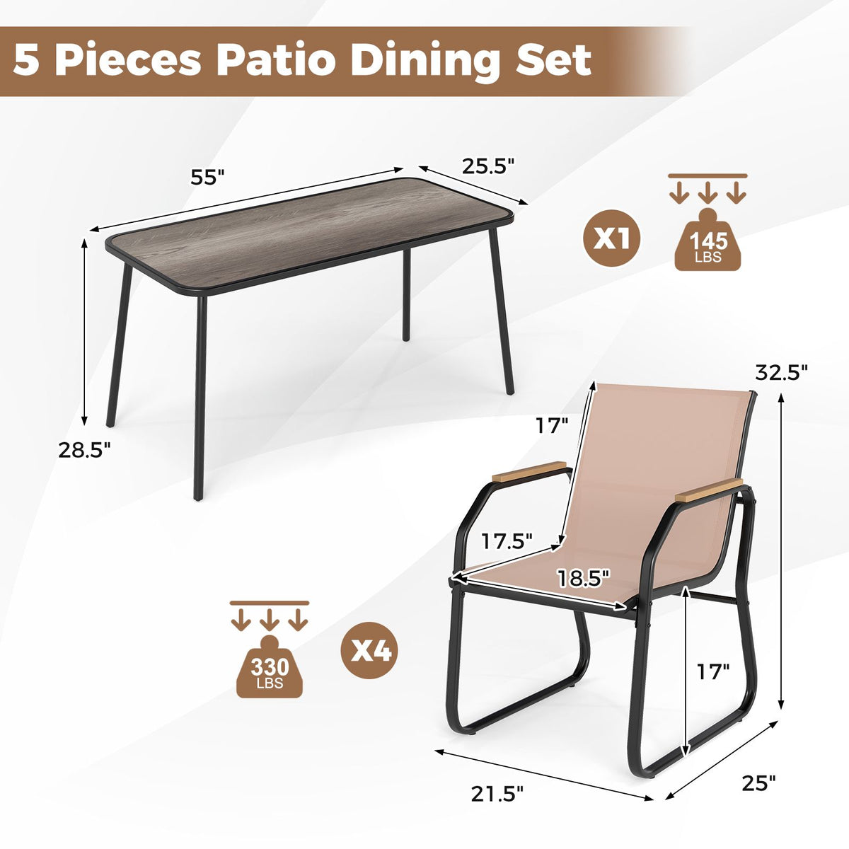 5 Pieces Patio Dining Set with Rectangular Table and Fabric Chairs