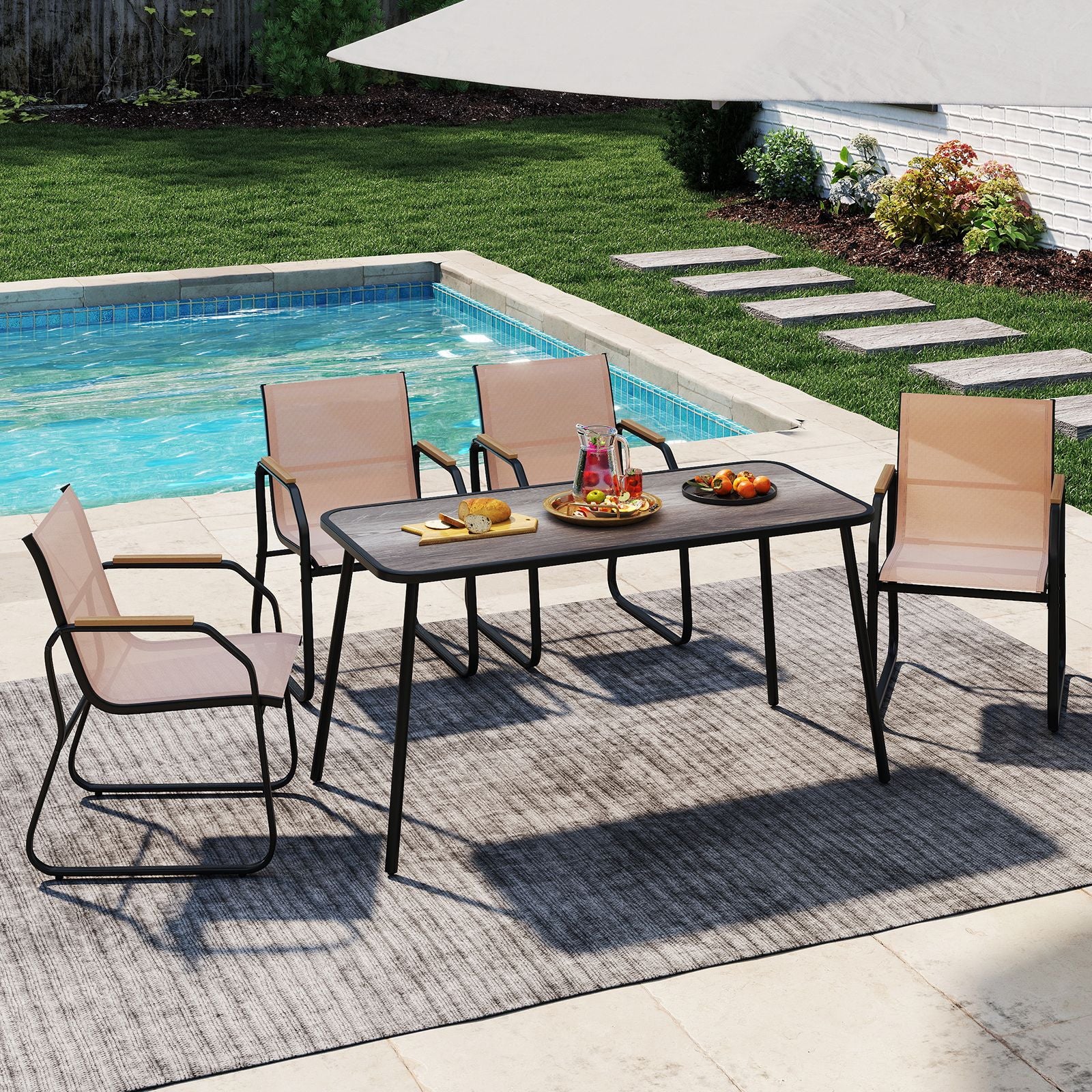 5 Pieces Patio Dining Set with Rectangular Table and Fabric Chairs