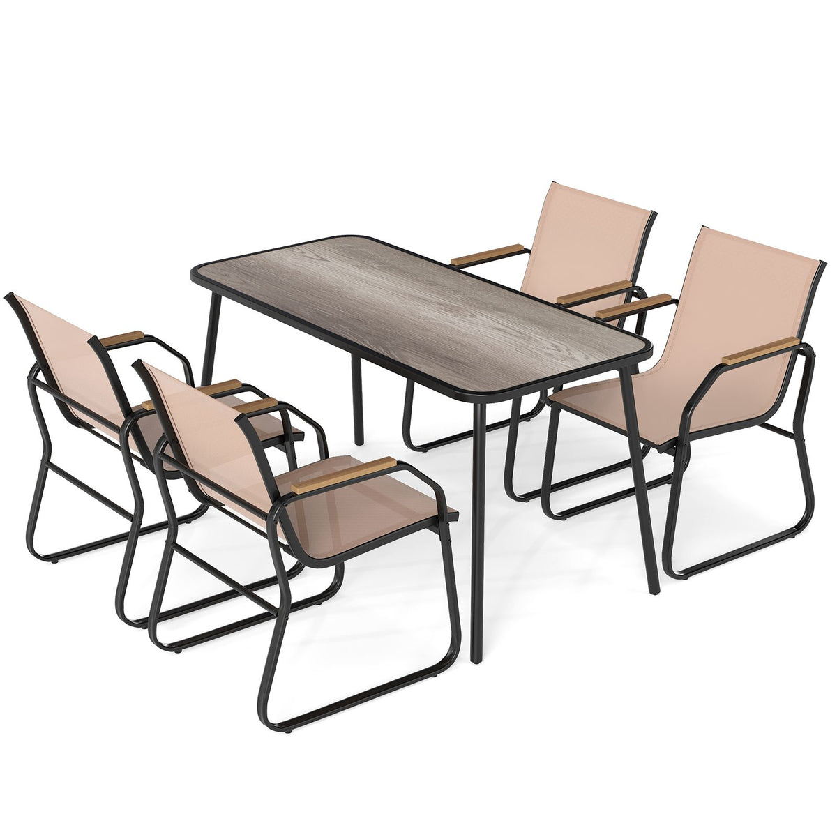 5 Pieces Patio Dining Set with Rectangular Table and Fabric Chairs - Brown+Gray+Black
